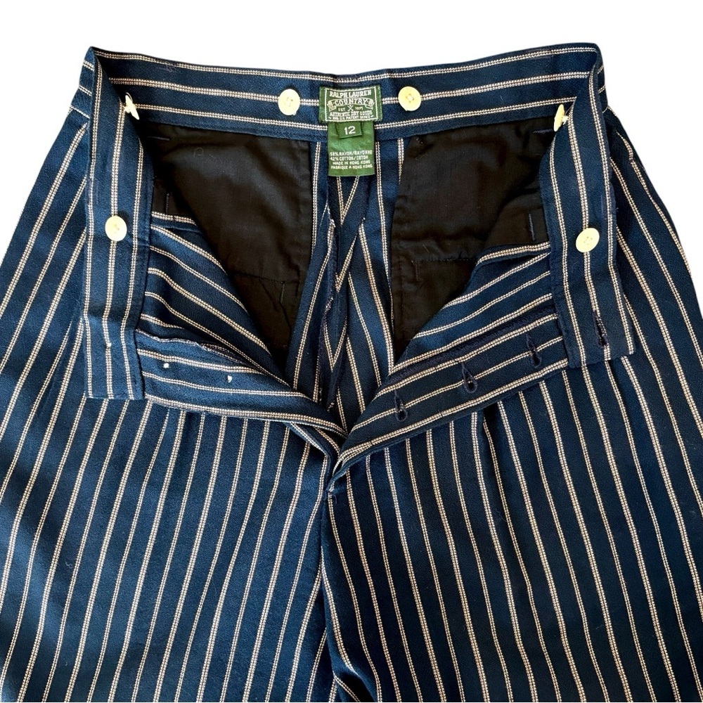 Ralph Lauren Country RARE Vintage High Waist Pinstripe Pleated Trousers Navy 12 - Picture 6 of 14